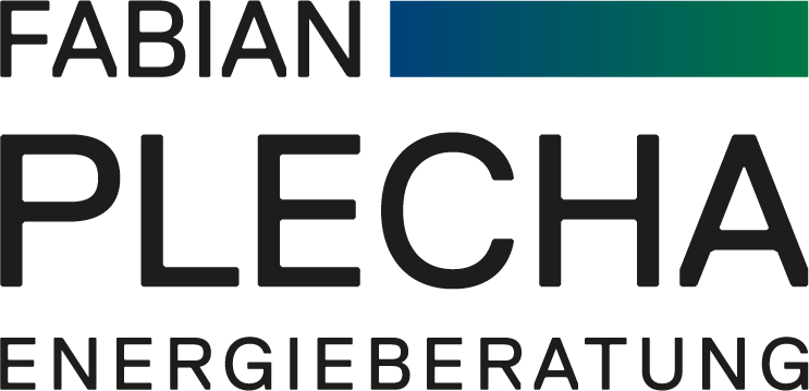 Logo von Fabian Plecha Energieberatung in Schwarz und Blau mit grünem Akzent.